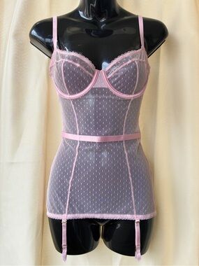 Victoria's Secret VS Dream Angels Pink Mesh Swiss Dot Merry Widow Corset XS